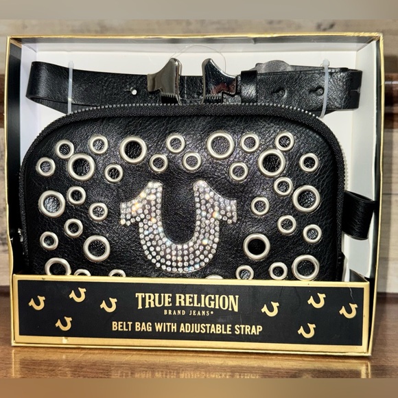✅ 🥰 True Religion New Belt Bag Crossbody With Adjustable Strap Black Silver Logo - Picture 3 of 9